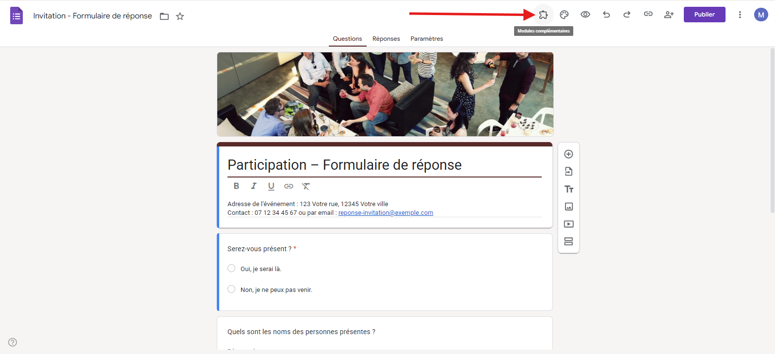 Formulaire de confirmation de participation à un événement dans Google Forms : cliquer sur l’icône en forme de pièce de puzzle