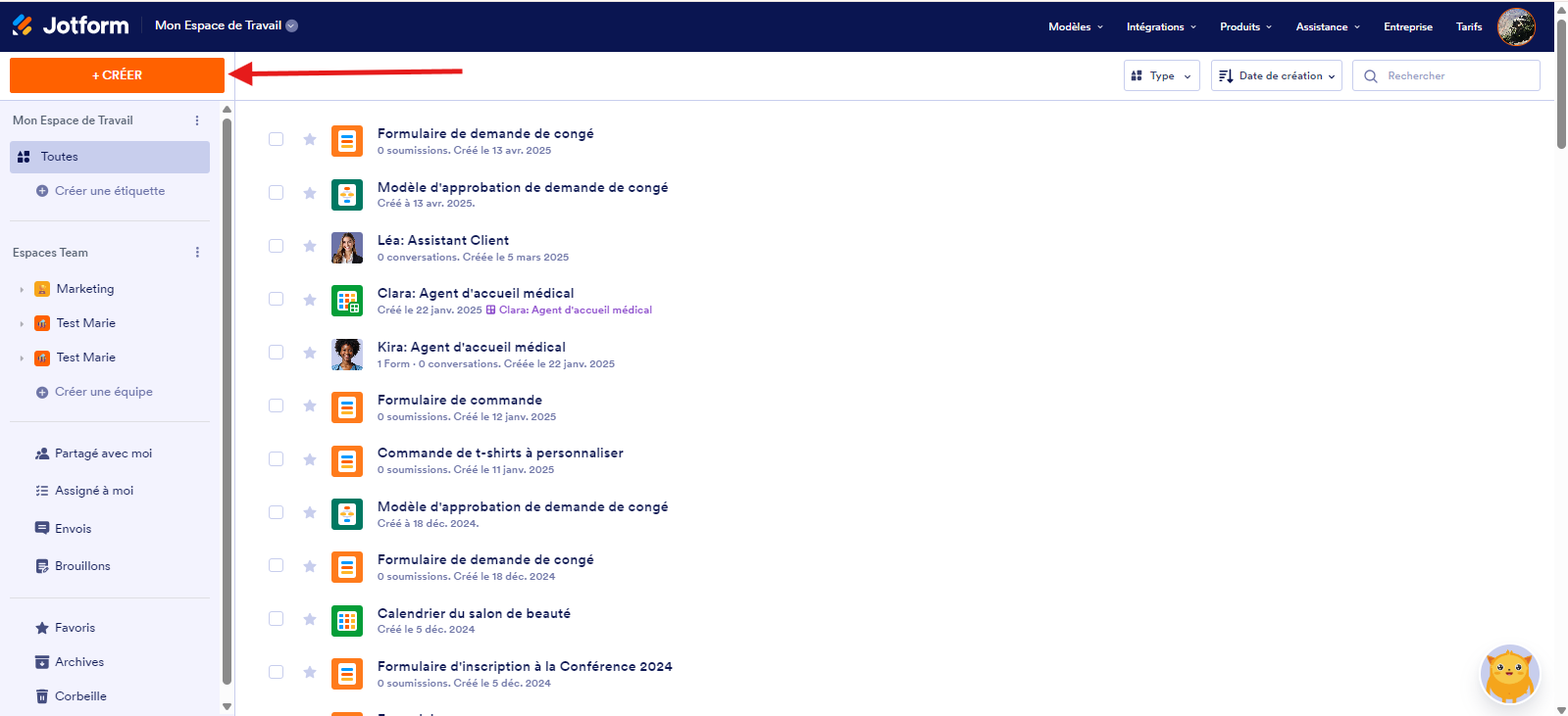 Page Mes Formulaires dans Jotform : cliquer sur Créer un formulaire