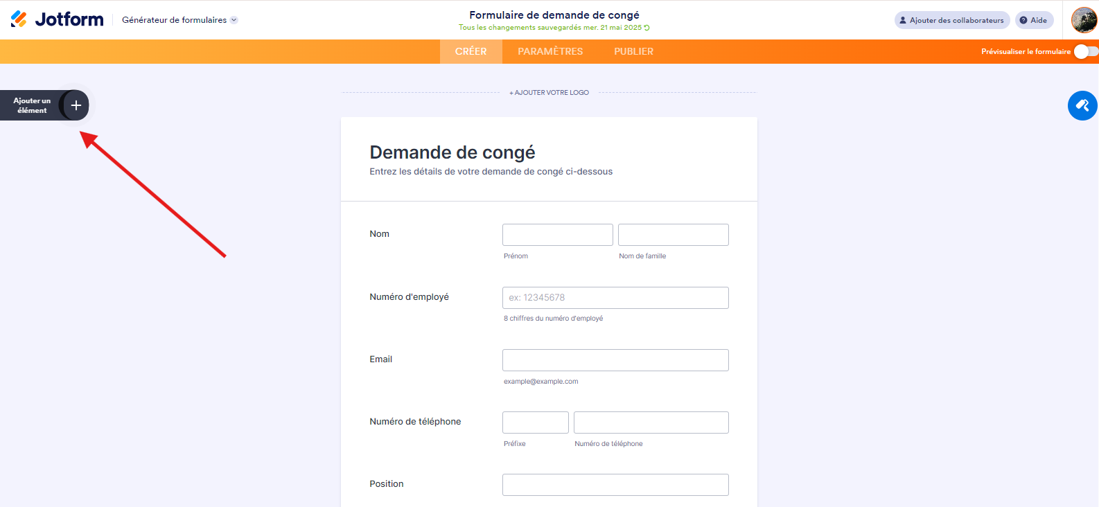 Générateur de formulaires Jotform : cliquer sur le bouton Ajouter un élément