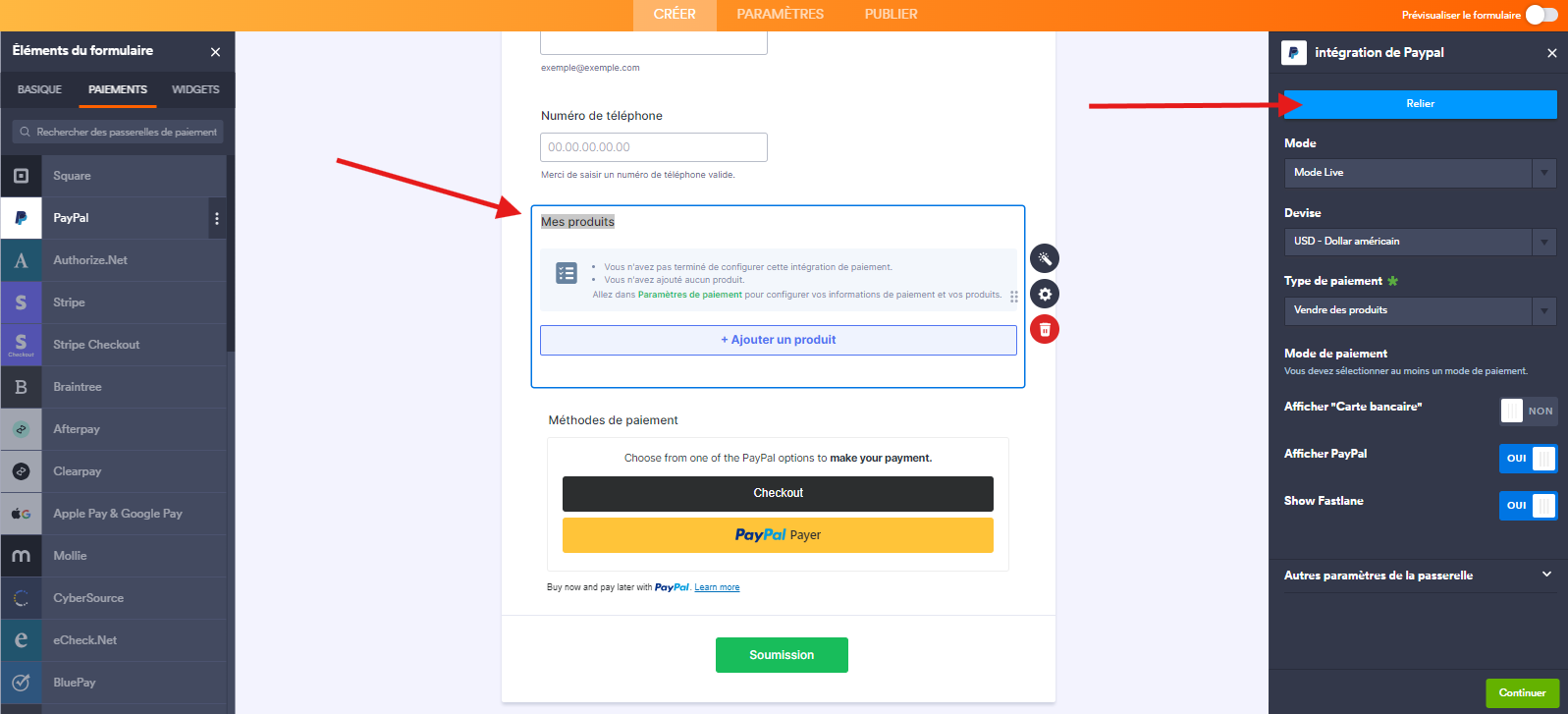 Générateur de formulaires Jotform : cliquer sur le bouton Relier dans le volet Intégration de PayPal
