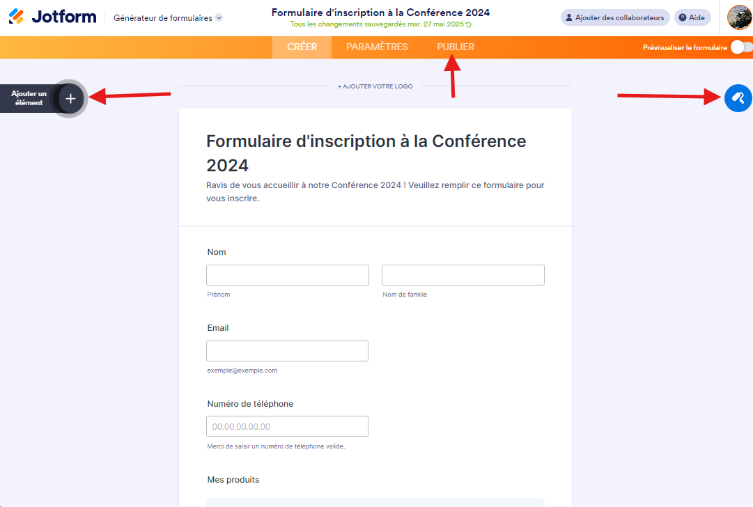 Capture d'écran du Générateur de formulaires Jotform avec des flèches pointant vers Ajouter un élément, l'icône Générateur de formulaires, le bouton bascule Prévisualiser le formulaire et l'onglet Publier