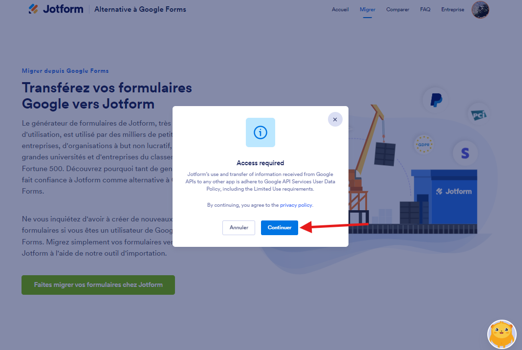 Capture d'écran de la notification « Accès requis » sur l'outil de migration de Google Forms vers Jotform, avec une flèche pointant vers le bouton Continuer