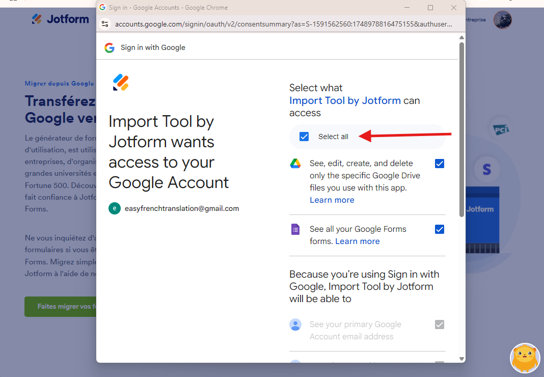 Capture d'écran de la fenêtre contextuelle des autorisations de Google, avec une flèche pointant vers le bouton « Select all »