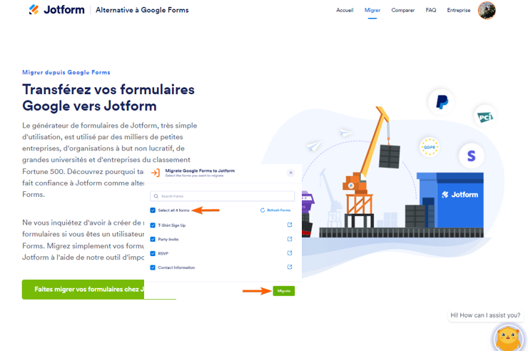 Capture d'écran de la fenêtre contextuelle Migrate Google Forms to Jotform, avec des flèches pointant vers la case à cocher « Select all forms » et le bouton « Migrate »