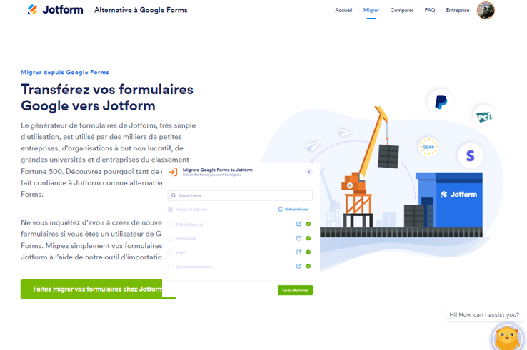 Capture d'écran de la fenêtre contextuelle Migrate Google Forms to Jotform, avec des coches de confirmation à côté des formulaires téléchargés

