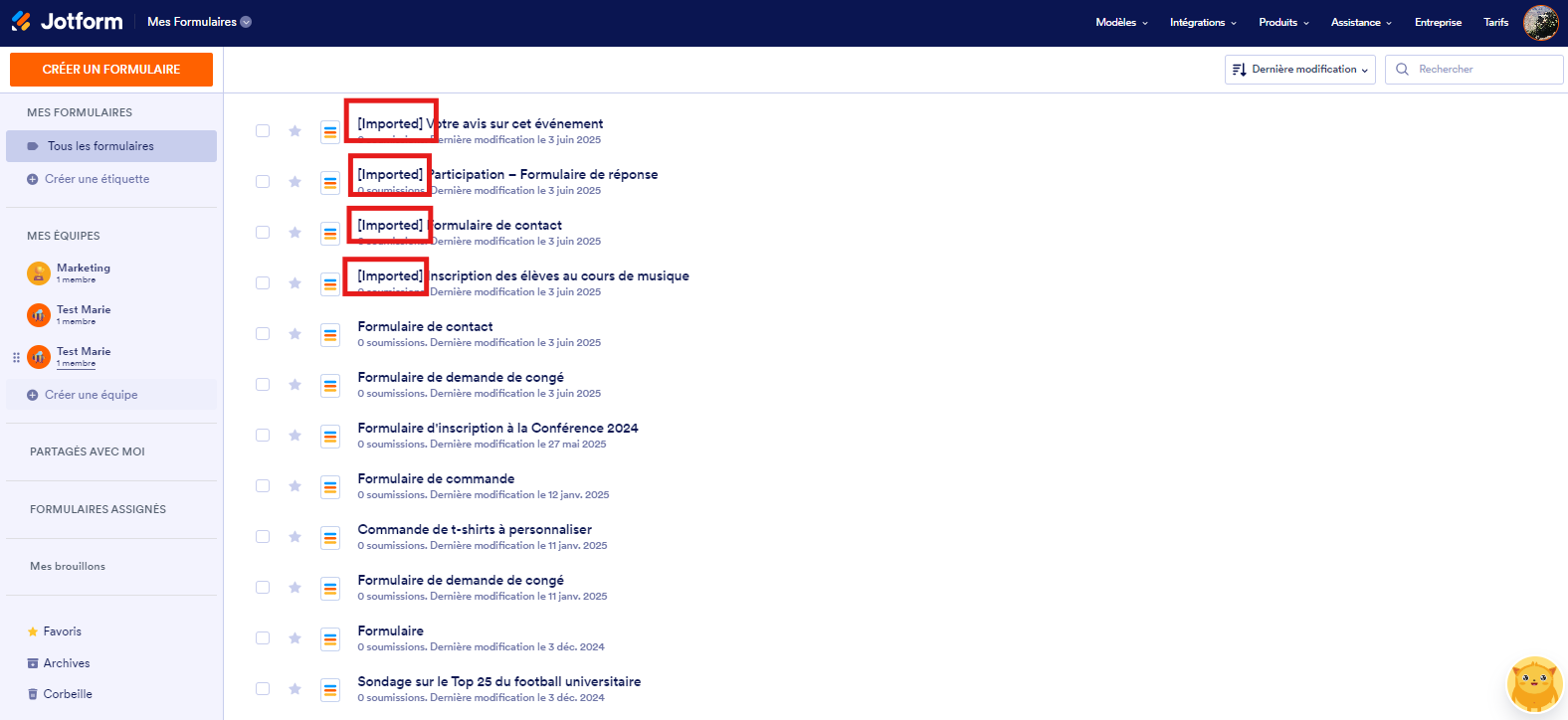 Capture d'écran de la page Mes formulaires de Jotform