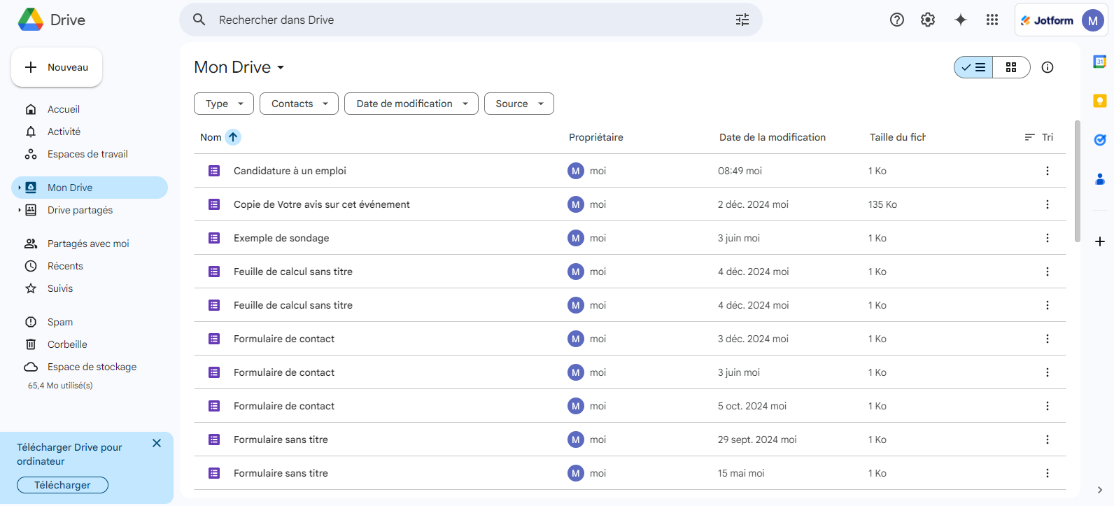 Capture d'écran d'un dossier Google Drive contenant le formulaire à analyser
