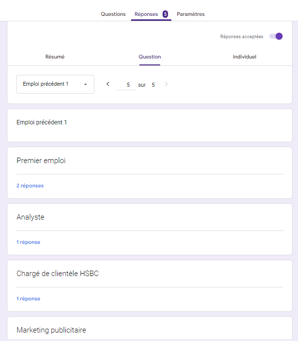Affichage des analyses de formulaires Google dans le panneau de données Question