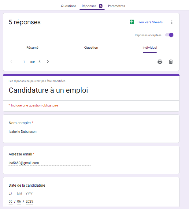 Affichage des analyses de formulaires Google dans le panneau de données Individuel