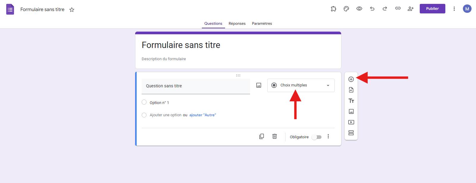 Capture d'écran montrant comment cliquer sur l'icône Plus dans la barre d'outils et sélectionner Choix multiples  dans la liste déroulante de Google Forms