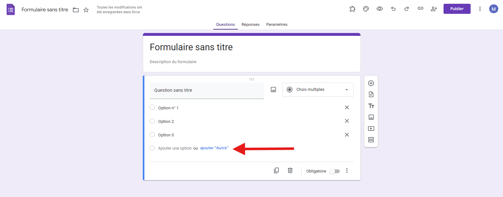 Capture d'écran montrant comment  cliquez sur l'option « Ajouter une option » ou sur le lien « ajouter Autre » dans Google Forms