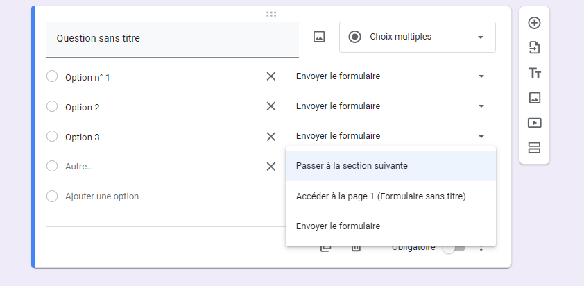 Capture d'écran montrant comment sélectionner Passer à la section suivante dans le champ de question à choix multiples dans Google Forms