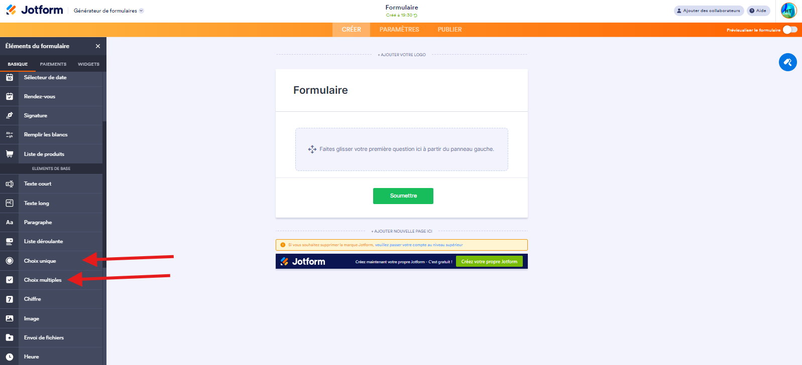 Capture d'écran montrant comment sélectionner « Choix unique » ou « Choix multiples » dans les éléments de formulaire basique du Générateur de formulaires Jotform