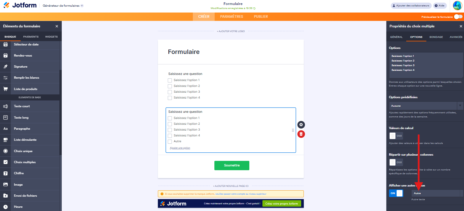 Capture d'écran montrant comment activer l'option « Afficher une autre option » dans l'onglet « Options » du Générateur de formulaires Jotform