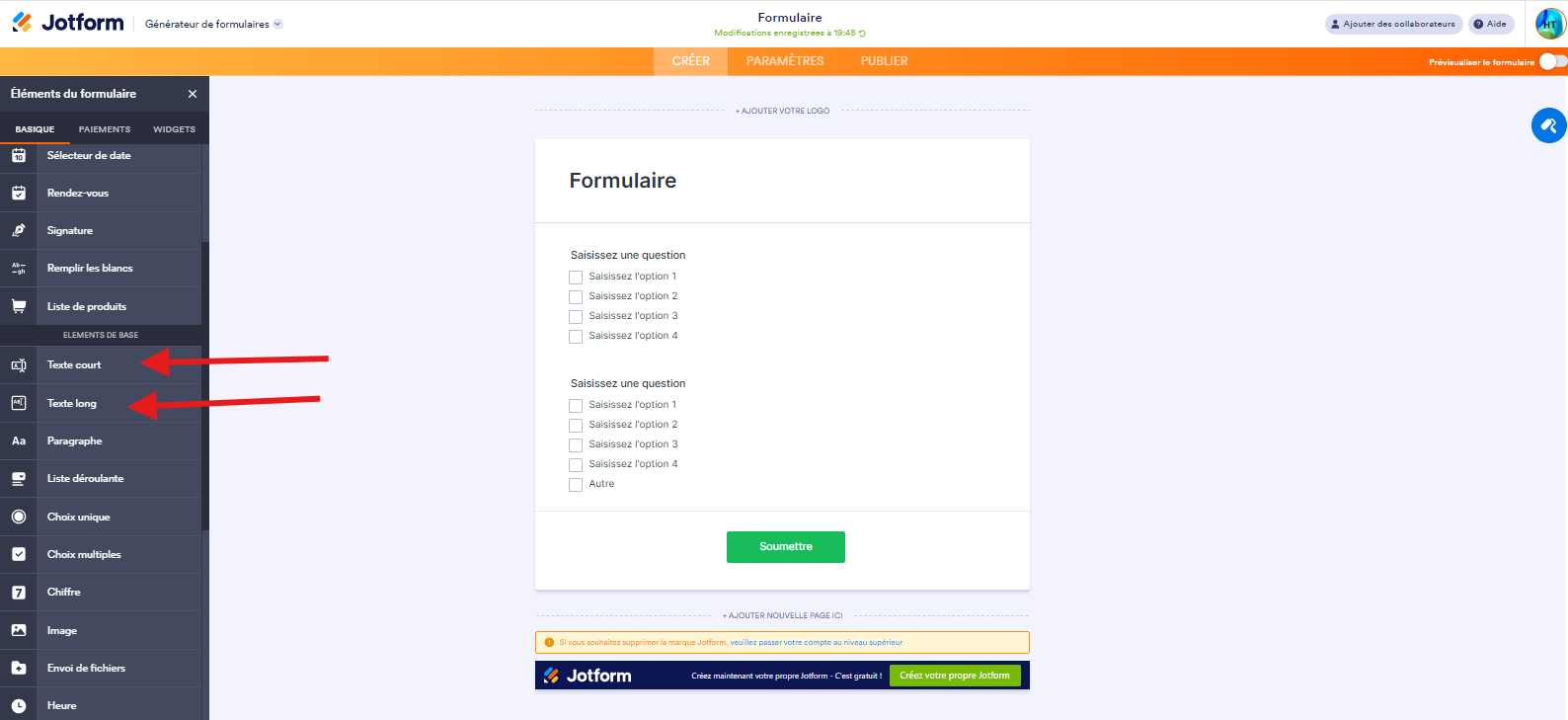 Création d'écran montrant comment cliquez sur « Texte court » ou « Texte long » dans les éléments de formulaire basiques du Générateur de formulaires Jotform