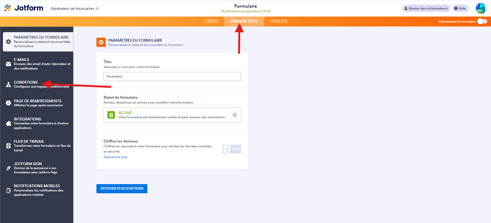 Capture d'écran montrant comment cliquer sur l'onglet Paramètres, puis sur l'option Conditions dans le Générateur de formulaires Jotform