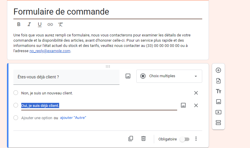 Textes du formulaire de demande de commande