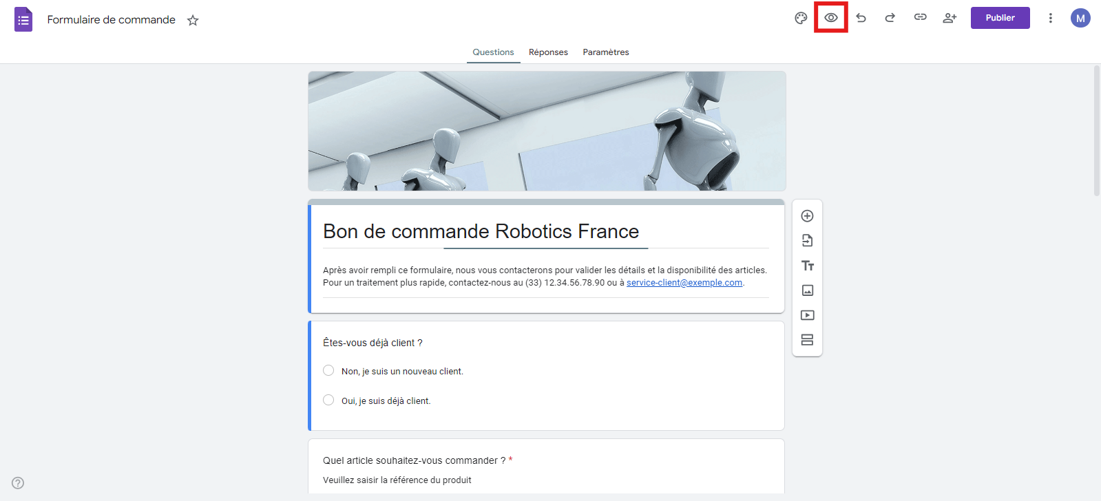 Aperçu du formulaire de commande