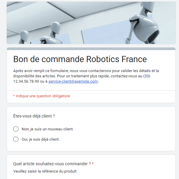 Formulaire de bon de commande de Robotics France