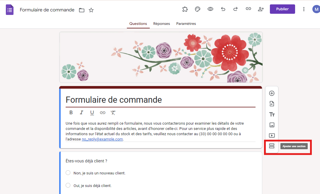 Formulaire de commande dans Google Forms pour cliquer sur l'icône Ajouter une section