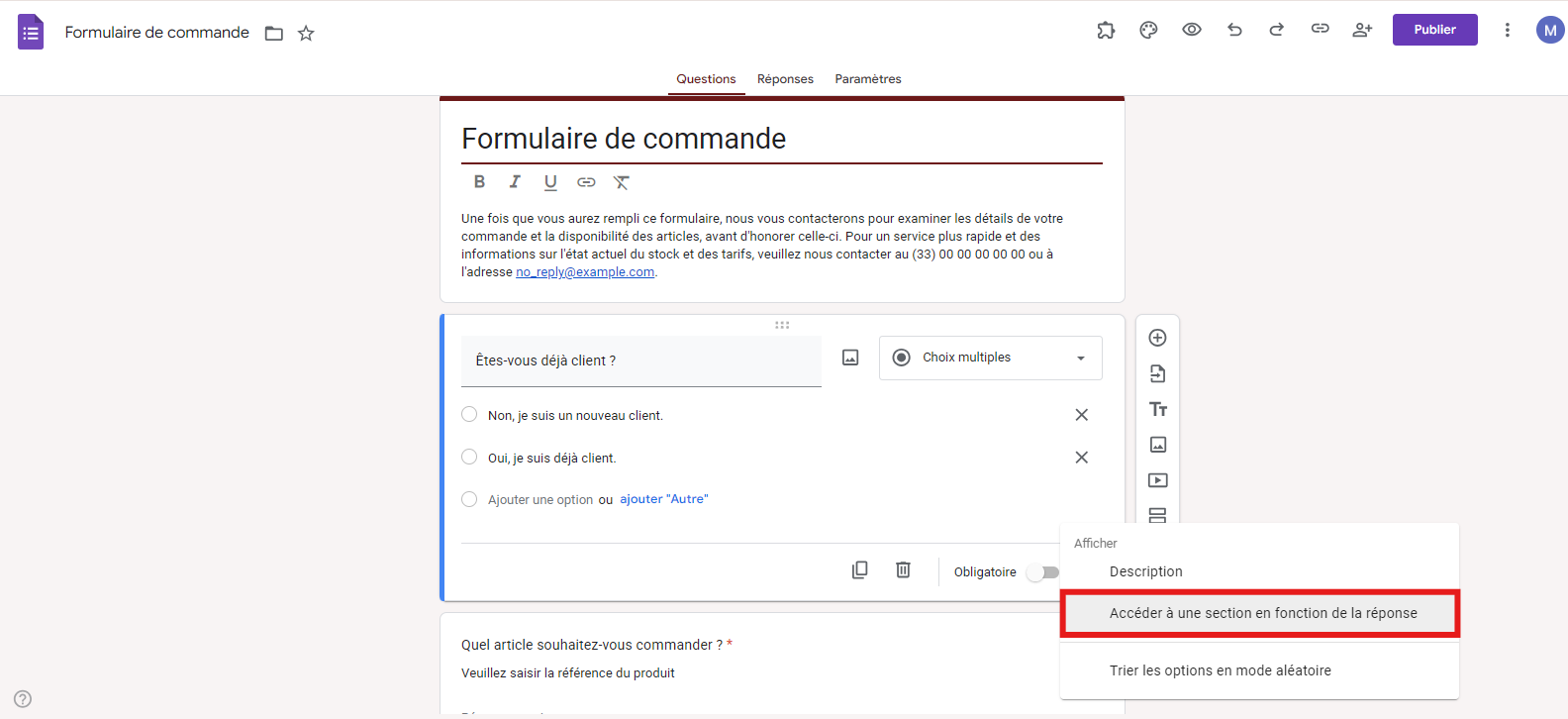 Formulaire de commande dans Google Forms pour cliquer sur l'option Accéder à une section en fonction de la réponse