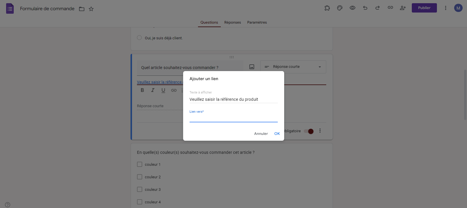 Fenêtre contextuelle Ajouter un lien dans un formulaire de commande dans Google Forms