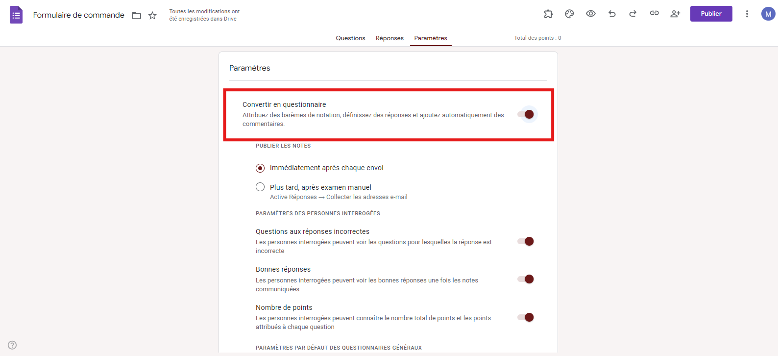 Onglet Paramètres d'un formulaire de commande dans Google Forms activant l'option Convertir en questionnaire