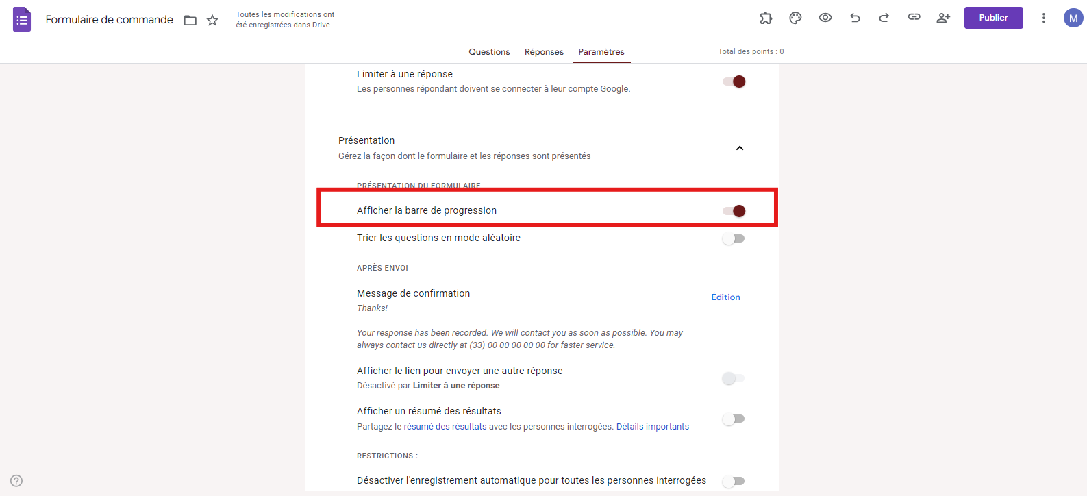 Onglet Paramètres d'un formulaire de commande affichant les options sous les paramètres de présentation, activant l'option Afficher la barre de progression