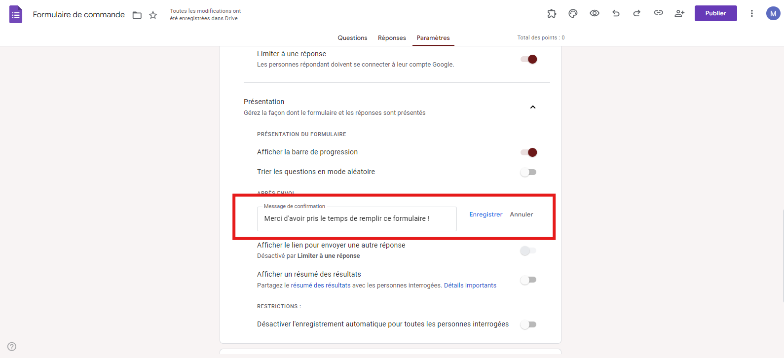 Onglet Paramètres d'un formulaire de commande dans Google Forms en saisissant un message de confirmation