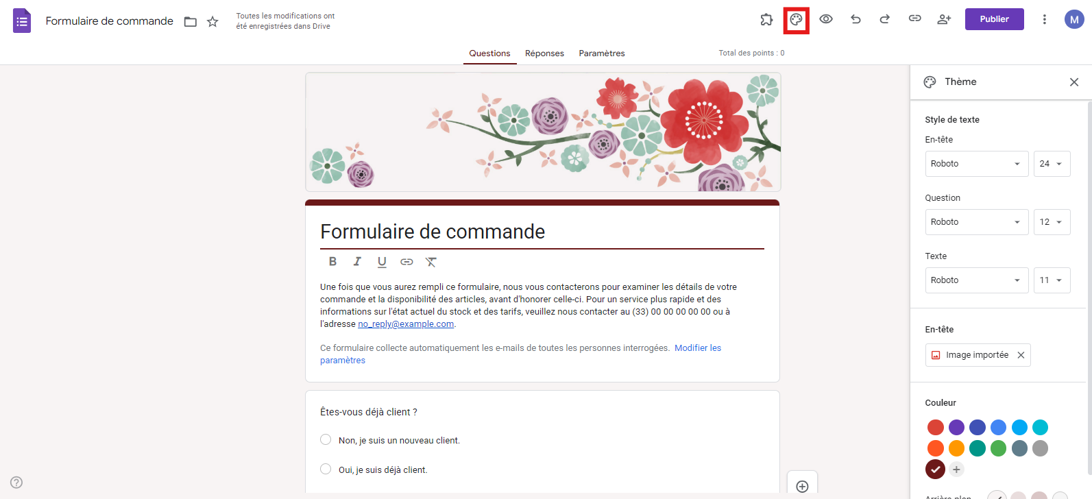 Formulaire de commande dans Google Forms en cliquant sur l'icône de la palette