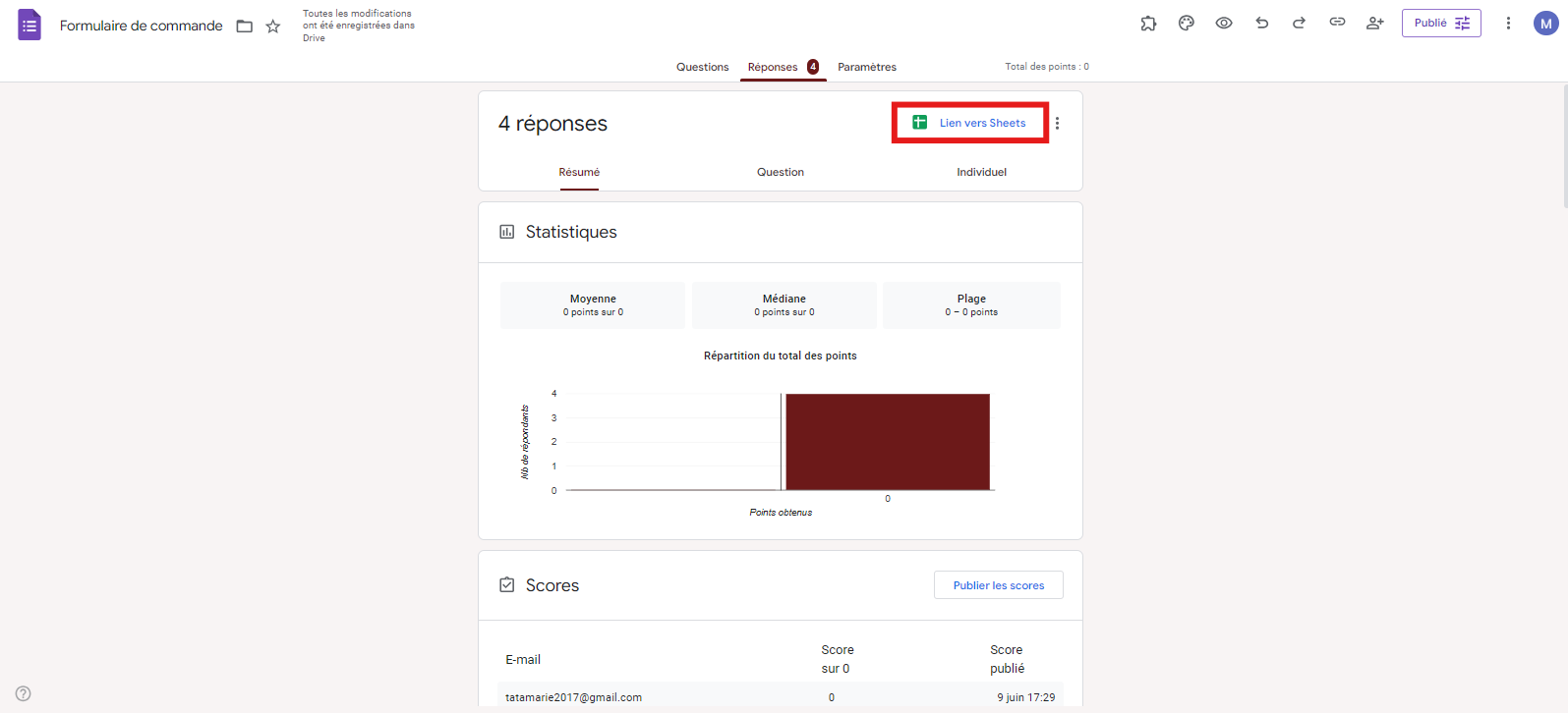 Onglet Réponses dans Google Forms en cliquant sur l'option Lien vers Sheets