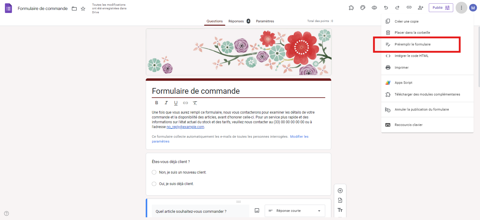 Formulaire de commande dans Google Forms en cliquant sur l'option Préremplir un formulaire