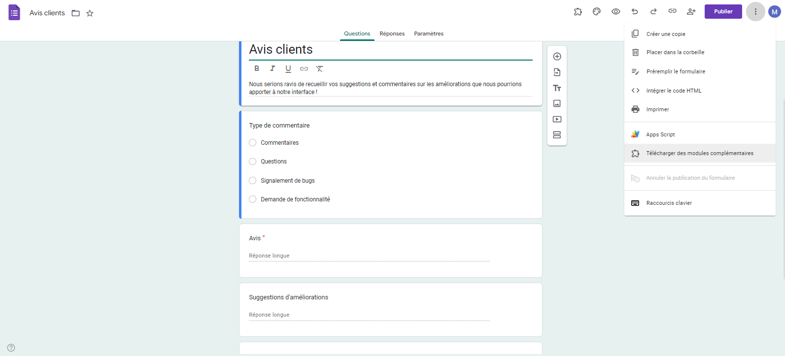 Capture d'écran de Google Forms avec le menu Autres développé