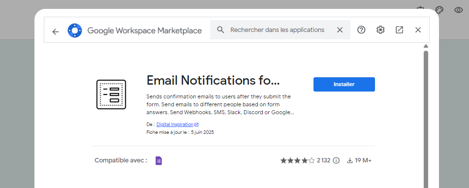 Capture d'écran du plugin Email Notifications for Google Forms sur Marketplace Google Workspace