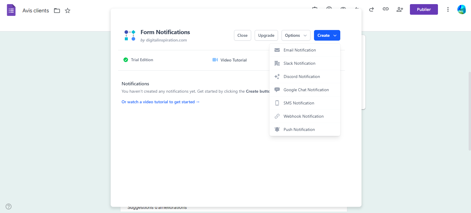 Capture d'écran du menu des options du module complémentaire Form Notifications