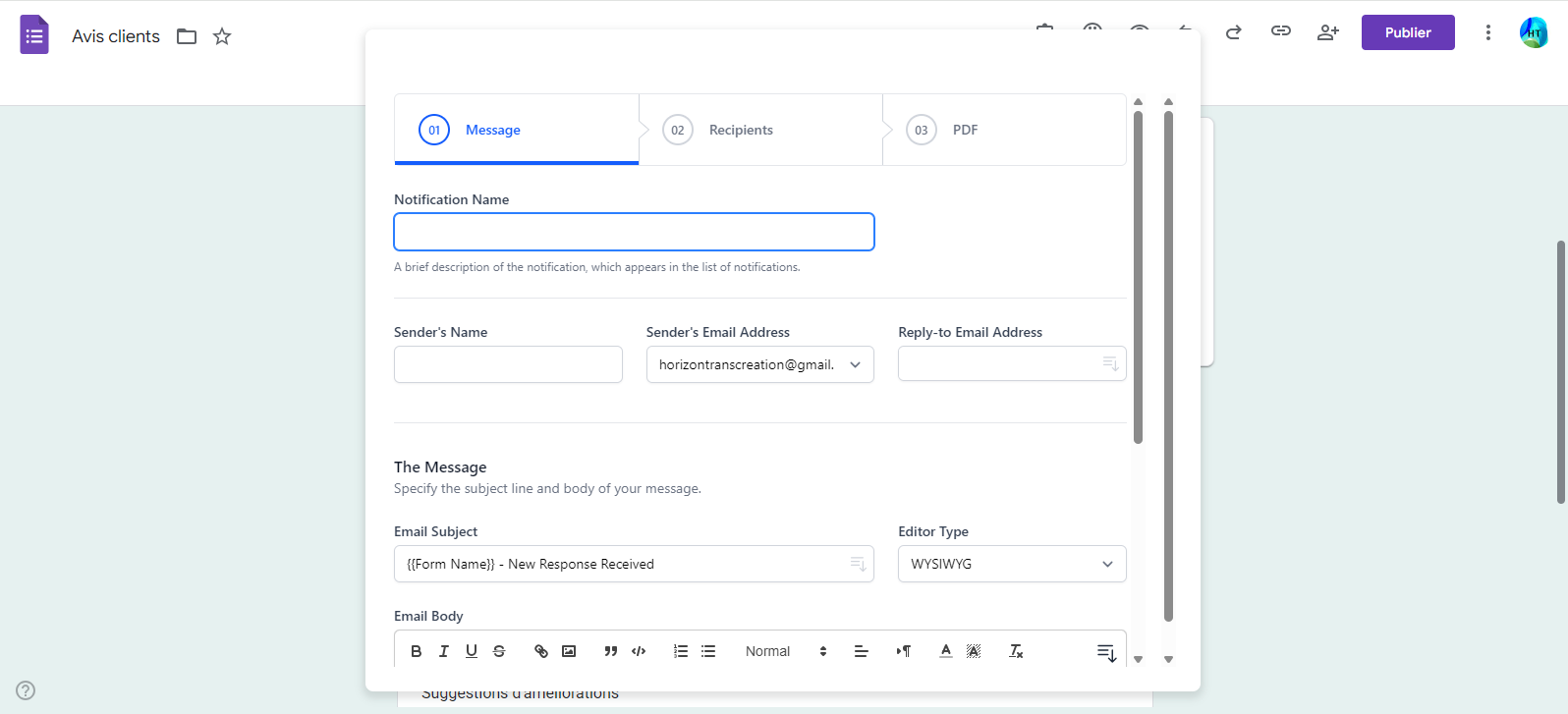 Capture d'écran de l'outil Form Notifications utilisé dans Google Forms