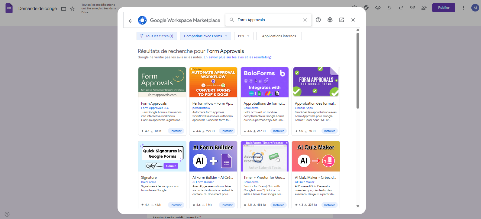 Capture d'écran du menu Google Workspace Marketplace pour la recherche de « Form Approvals »