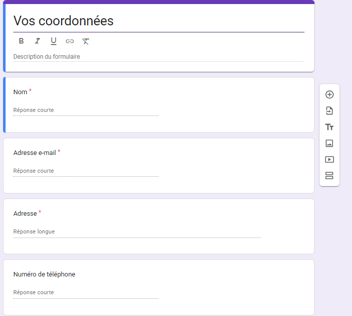 Capture d'écran d'un formulaire Vos coordonnées de Google Forms