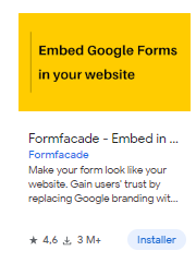 Capture d'écran de l'intégration Formfacade dans Google Workspace Marketplace