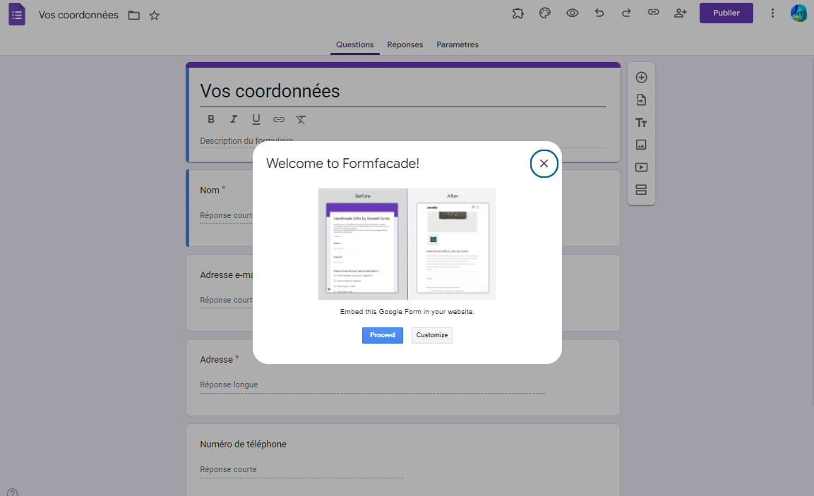 Capture d'écran de la fenêtre contextuelle confirmant que Formfacade est installé