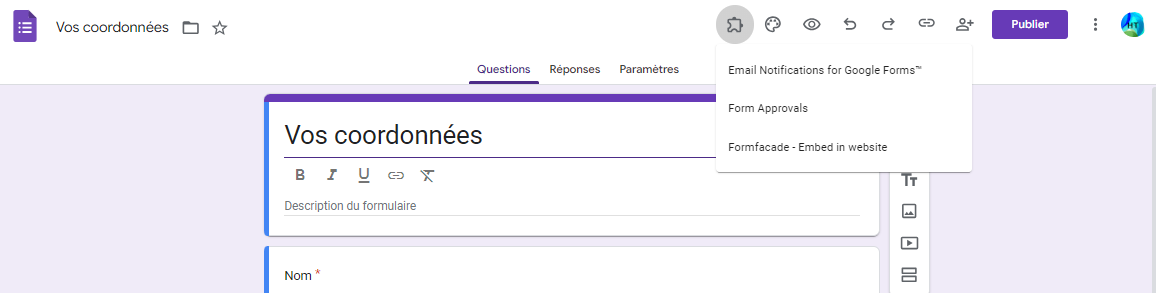 Liste des modules complémentaires  dans Google Forms