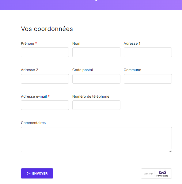 Capture d'écran du formulaire créé avec Formfacade