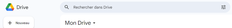 Interface simplifiée de Google Drive avec une barre de recherche, le bouton Nouveau, et des options de tri pour les éléments dans Mon Drive