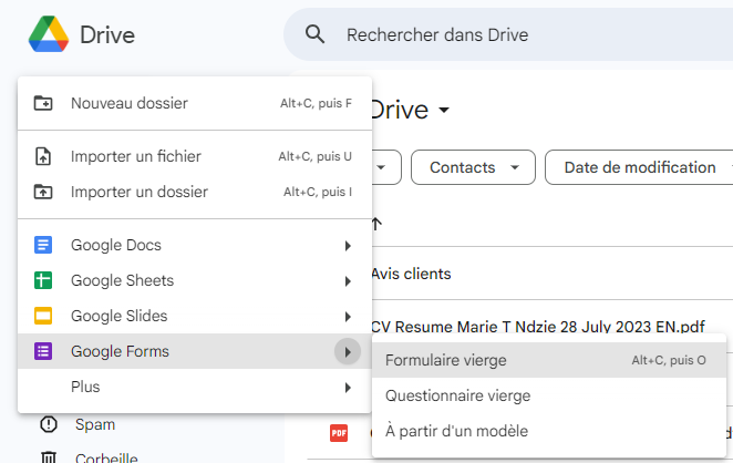 Menu pour Google Forms offrant des options pour créer un formulaire vierge, un questionnaire vierge, ou choisir À partir d'un modèle