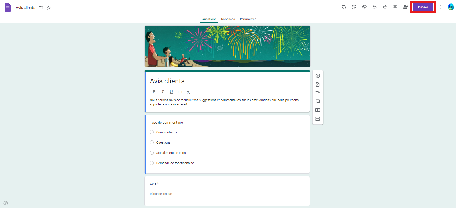 Cliquer sur le bouton Publier sur le formulaire de retour d'information client dans Google Forms