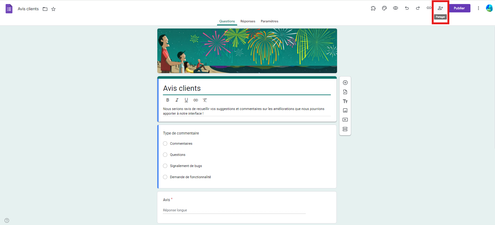 Cliquer sur le bouton Partager sur Google Forms