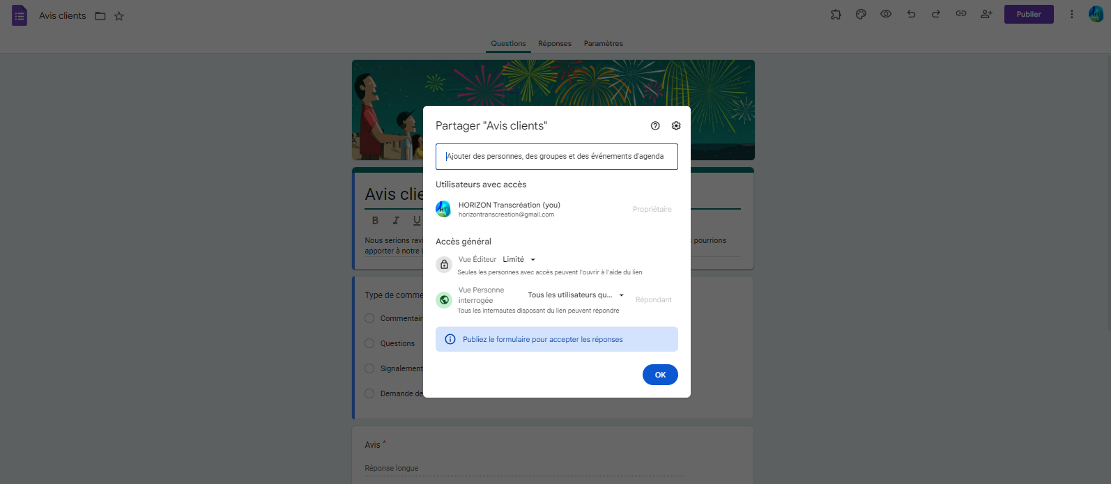 Affichage d'une fenêtre de partage dans un formulaire Google