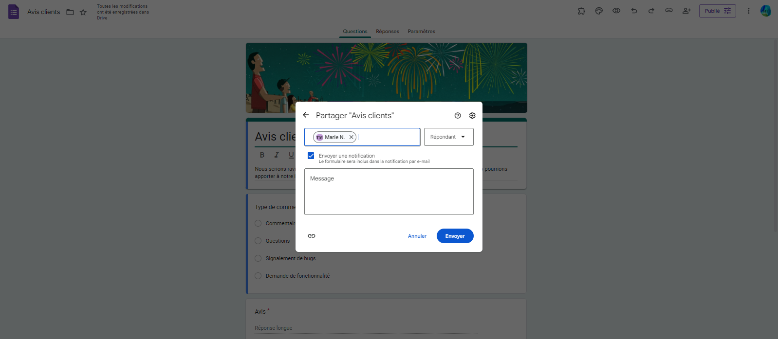 Ajout d'une adresse email et cocher la case Envoyer une notification dans la fenêtre de partage