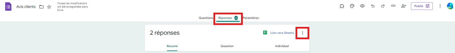 Onglet Réponses au formulaire montrant qu'il y a deux réponses, avec des options pour voir un résumé, lier les données à Google Sheets, et basculer l'acceptation de nouvelles réponses