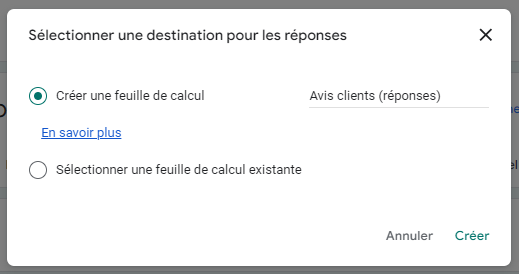 La boîte de dialogue pour sélectionner une destination pour les réponses aux formulaires, avec l'option de créer une nouvelle feuille de calcul présélectionnée